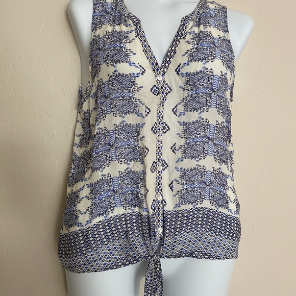 Lucky Brand Geo Tie Top Blouse Tank Size M - Navy Blue and White - Picture 3 of 8